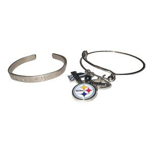 Two NFL Pittsburgh Steelers Bracelets: Hand Crafted Stamp Cuff and Bangle